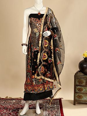 Black-Beauty Georgette Salwar Suit Fabric with Net Dupatta and Zari & Sequined Floral Embroidery