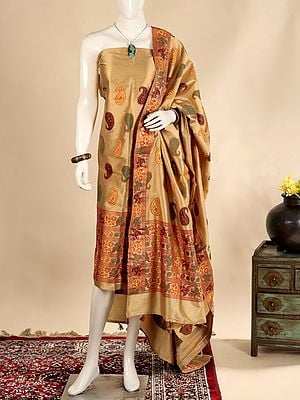 Two-Piece Beige Kurti Moonga Fabric from Assam with Matching Dupatta and Multicolor Thread Weave