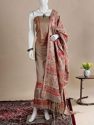 Pale-Khaki Silk-Wool Salwar Kameez Fabric with Dupatta and Zari Woven Flowers
