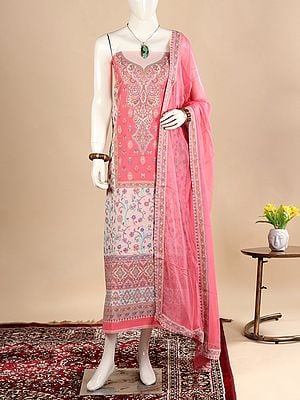 Strawberry-Pink Kani Jamawar Three-Piece Salwar Kameez Fabric from Amritsar with Dupatta and Woven Flowers