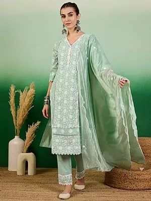 Cotton Schiffli Embroidery V-Neck Kurta With Trouser & Dupatta