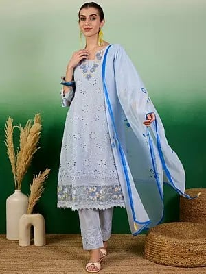 Cotton Schiffli Embroidery Mandarin Collar Kurta With Trouser & Dupatta