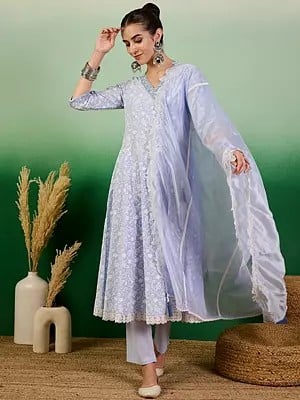 Cotton Paisley Embroidery V-Neck Kurta With Trouser & Dupatta