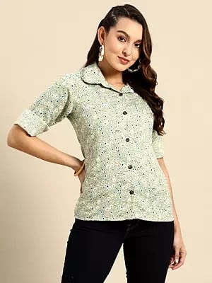 Periglacial-Blue Rayon Floral Printed Designer Shirt For Women