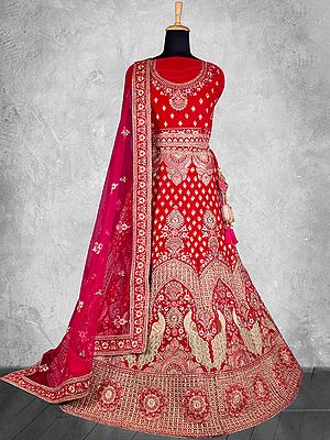 Designer Velvet Jari With Diamond Work Wedding Lehenga With Net Duppata