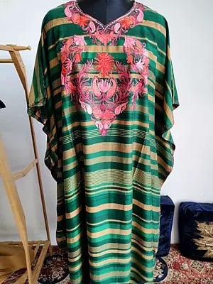 Jungle-Green Flower & Paisleys Embroidered Cotton Long Kaftan