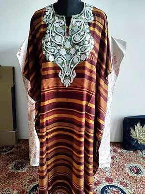 Paisley With Flower Embroidered Cotton Long Kaftan For Casual Occasion