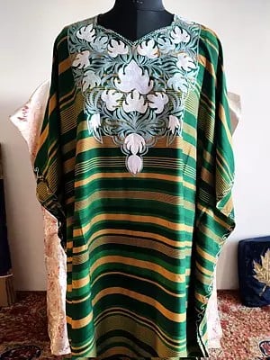 Jungle-Green Flower With Leaf Embroidered Long Cotton Kaftan For Casual Occasion