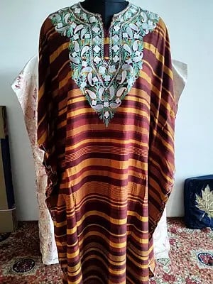 Paisleys With Leaf Embroidered Cotton Long Kaftan For Casual Occasion