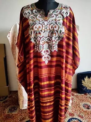 Maroon-Oak Embroidered Flower With Strip Pattern Long Cotton Kaftan For Loadies