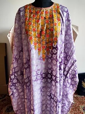 Languid-Lavender Flower Embroidered Long Cotton Kaftan For Women