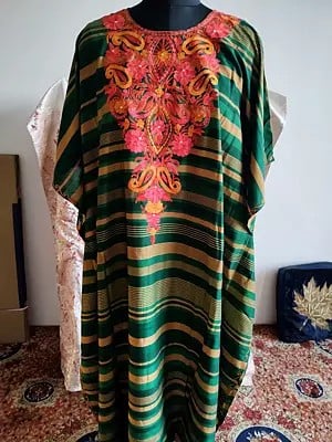 Everglade Flower Embroidered With Strip Pattern Long Cotton Kaftan For Women