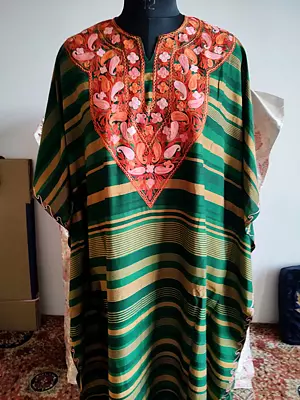 Jungle-Green Stripe Pattern With Flower Embroidered Long Cotton Kaftan For Casual Occasion