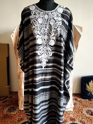 Flower Embroidered Black Long Cotton Kaftan For Women