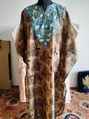 Paisleys Embroidered On Neck Long Cotton Kaftan For Women