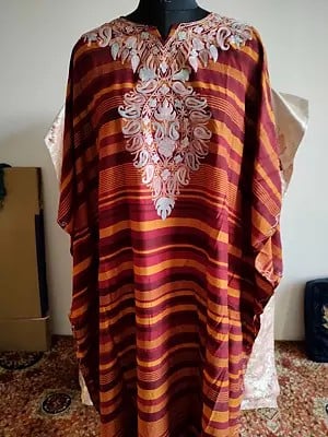 Strip Pattern With Flower Embroidered Long Cotton Kaftan For Women