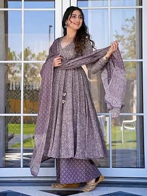 Old Lavender Cotton Silk Digital Print Gown With Bottom & Cotton Duppatta