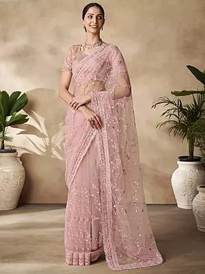 Rose-Gold Net Sequins With Thread & Zarkan Work Saree With Blouse