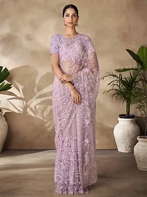 Net Sequins With Thread & Zarkan Work Saree With Blouse For Casual Occasion