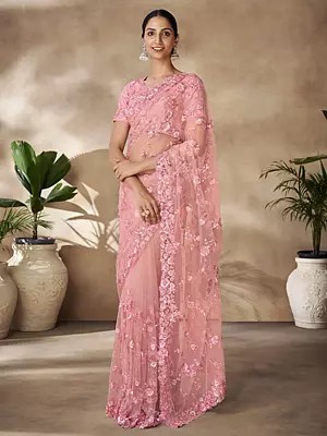 Sweet-Pink Sequins With Thread Work & Zarkan Work Saree With Blouse