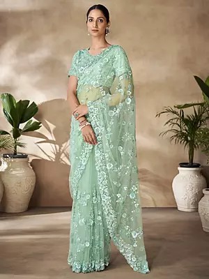 Gum-Leaf Sequins With Thread Work & Zarkan Work Saree With Blouse