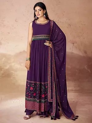 Plum-Purple Georgette Embroidered Palazzo Suit Set With Floral Border Tassel Dupatta