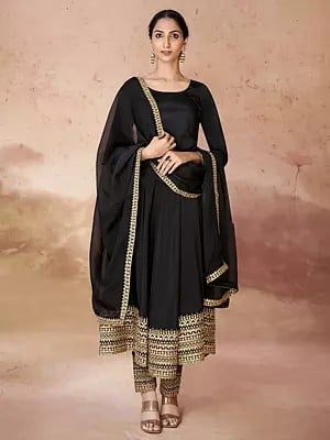 Black Crepe Embroidered Palazzo Suit Set With Plain Dupatta