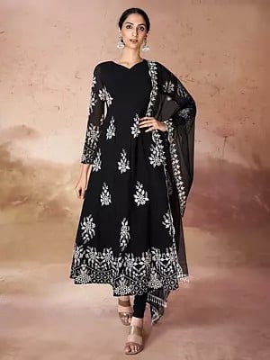 Black Georgette Palazzo Suit Set With Flower Embroidered Dupatta