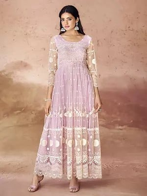 Pink-Flare Net Flower Embroidered Palazzo Suit For Casual Occasion