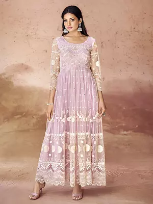 Pink-Flare Net Flower Embroidered Palazzo Suit For Casual Occasion