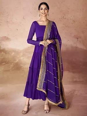 Purple-Iris Georgette Palazzo Suit With Embroidered Designer Dupatta
