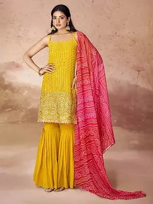 Selective-Yellow Georgette Embroidered Palazzo Suit With Designer Paisley Dupatta
