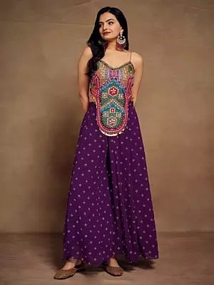 Deep-Violet Art Silk Thread And Beads Work Party Wear Top And Palazzo Suit