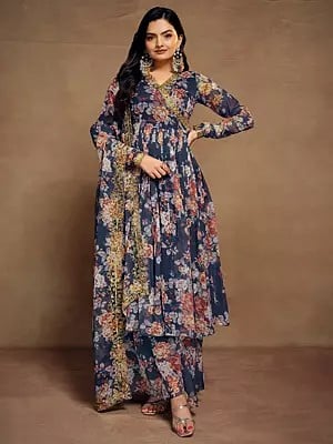 Chiffon Flower Printed With Zari & Sequins Work Palazzo Suit With Designer Dupatta