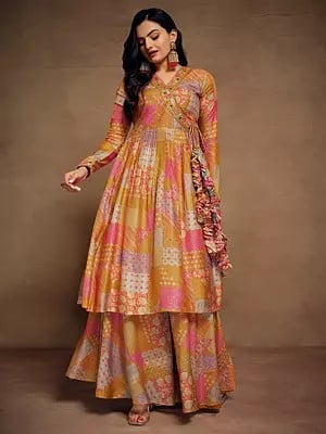 Multicolor Muslin Printed & Embroidered Desinger Palazzo Suit With Dori