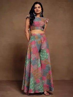 Multicolor Muslin Printed & Handmade Tassels Work Designer Co-Ords Crop Top And Palazzo