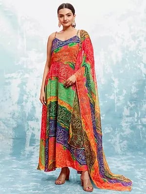 Multicolor Georgette Printed Designer Bandhani Art Gown With Dupatta