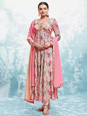 Oyster-Pink Georgette Embroidered And Printed Anarkali Suit With Dupatta