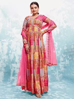 Multicolor Muslin Printed And Embroidered Gown With Dupatta