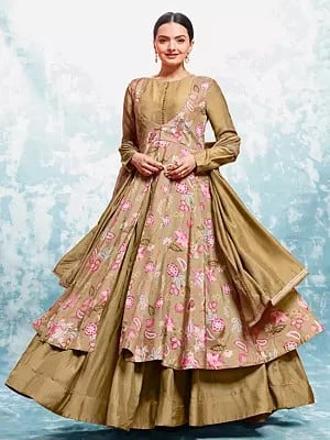 Limed-Oak Muslin Flower And Leaf Printed Gown With Dupatta