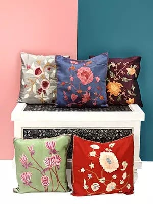 Lot of Five Cushion Covers from Kashmir with Ari Embroidered Flowers