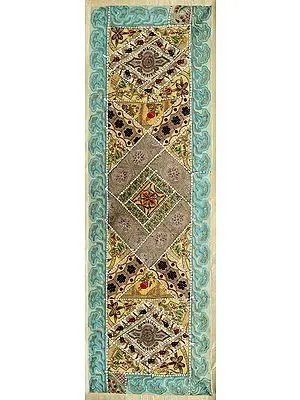 Blue-Ice Hand-Crafted Table Runner from Gujarat with Up-cycled Embroidery Patchwork