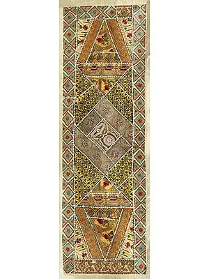 Ivory-Gold Hand-Crafted Table Runner from Gujarat with Up-cycled Embroidery Patchwork