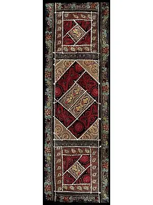Scarlet-Black Hand-Crafted Table Runner from Gujarat with Up-cycled Embroidery Patchwork
