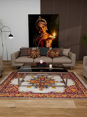 Ivory and Red Floral-Embroidered Asana Mat from Kashmir