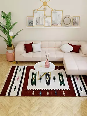 Apple-Butter Kilim Dhurrie from Sitapur with Woven Stripes and Motifs