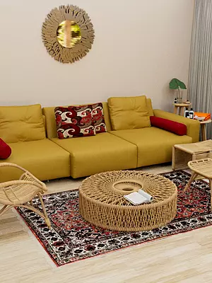 Coral-Reef Handloom Carpet from Kashmir with Knotted Flowers