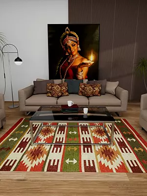 Vineyard Green Handloom Carpet from Sitapur with Woven Kilim Motifs All-Over
