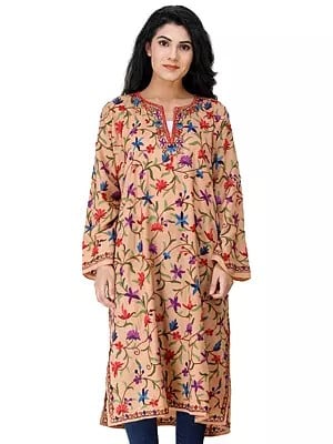 Phiran from Kashmir with Aari Hand-Embroidered Multicolor Flowers All-Over