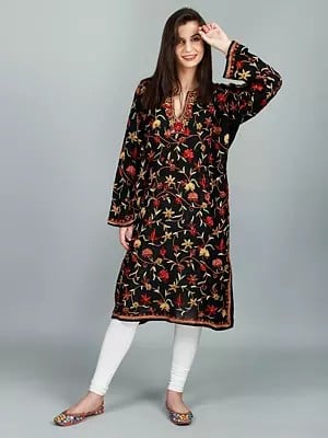 Phiran from Kashmir with Aari Hand-Embroidered Multicolor Flowers All-Over